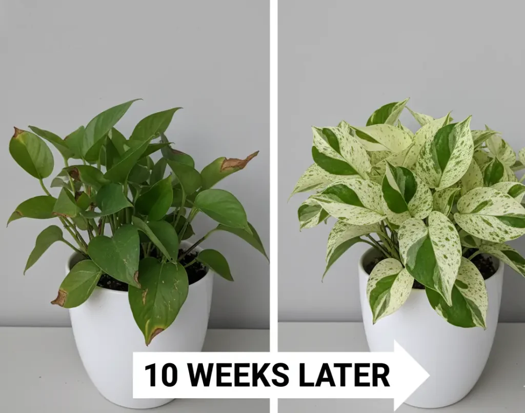 Pearls and Jade pothos reversion before and after fixing light and fertilizer issues