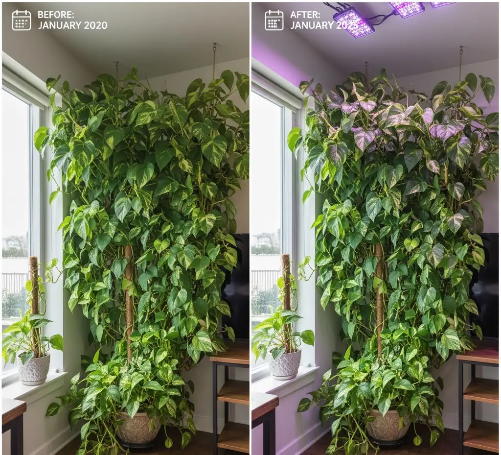 Before and after photo of same pothos plant growing from 6 inches to over 35 feet in 5 years indoors