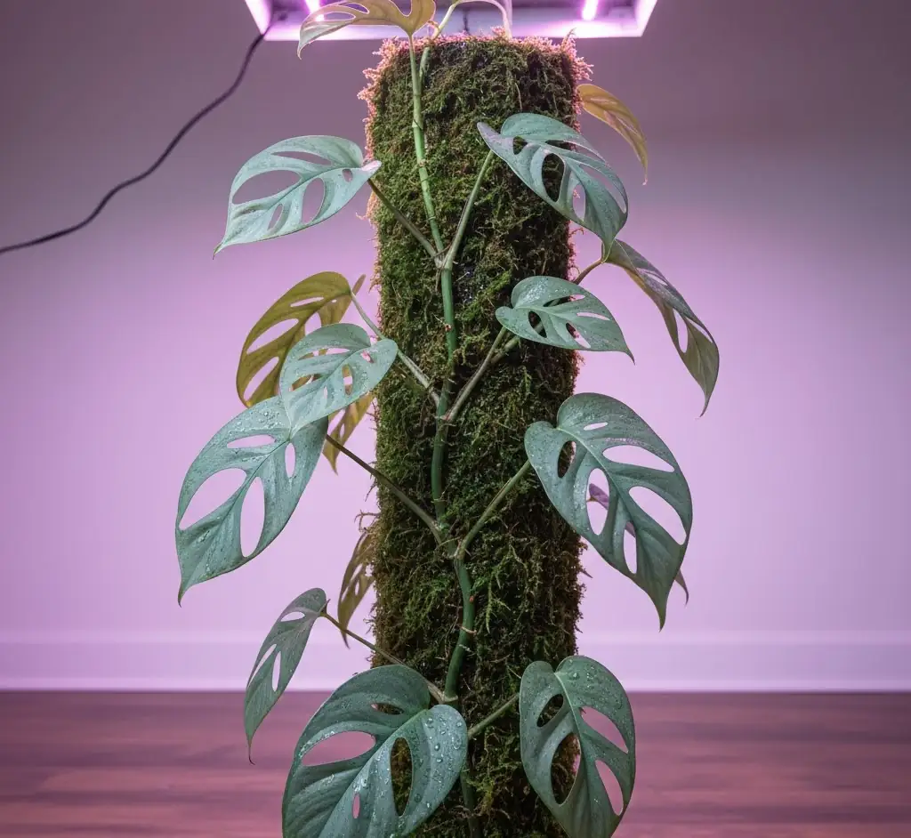 Mature Cebu Blue pothos climbing tall sphagnum moss pole with massive fenestrated leaves indoors