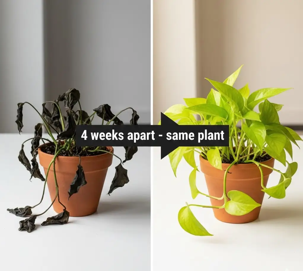 Pothos before and after cold damage recovery – black leaves to full new growth in 4 weeks