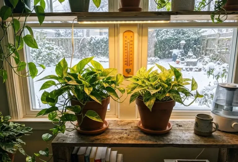 Golden and Marble Queen pothos thriving indoors in winter with safe temperature and grow light