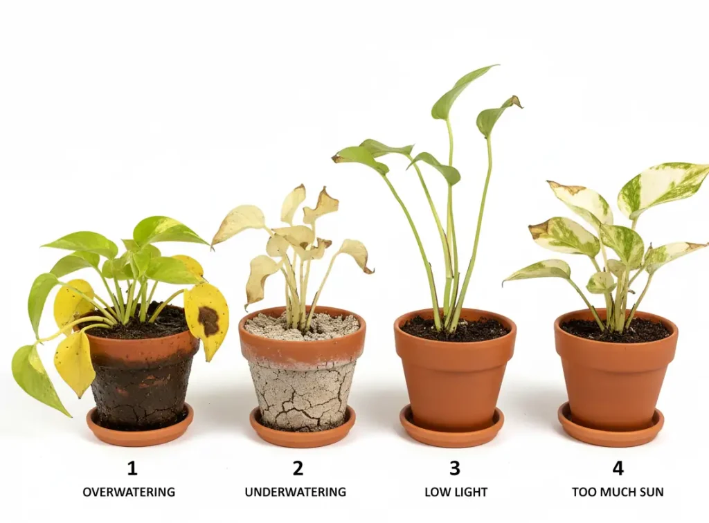 pothos drooping causes visual guide – overwatering vs underwatering vs low light vs sunburn