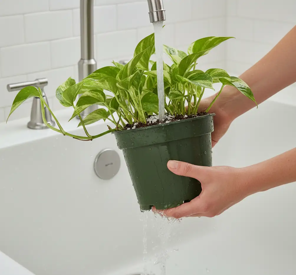 Leaching houseplant soil in a sink to flush out fertilizer salts and fix Pothos leaf burn and salt buildup