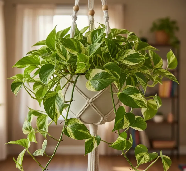 Lush, healthy golden Pothos vine trailing from a macrame hanger, perfect foliage houseplant for beginners