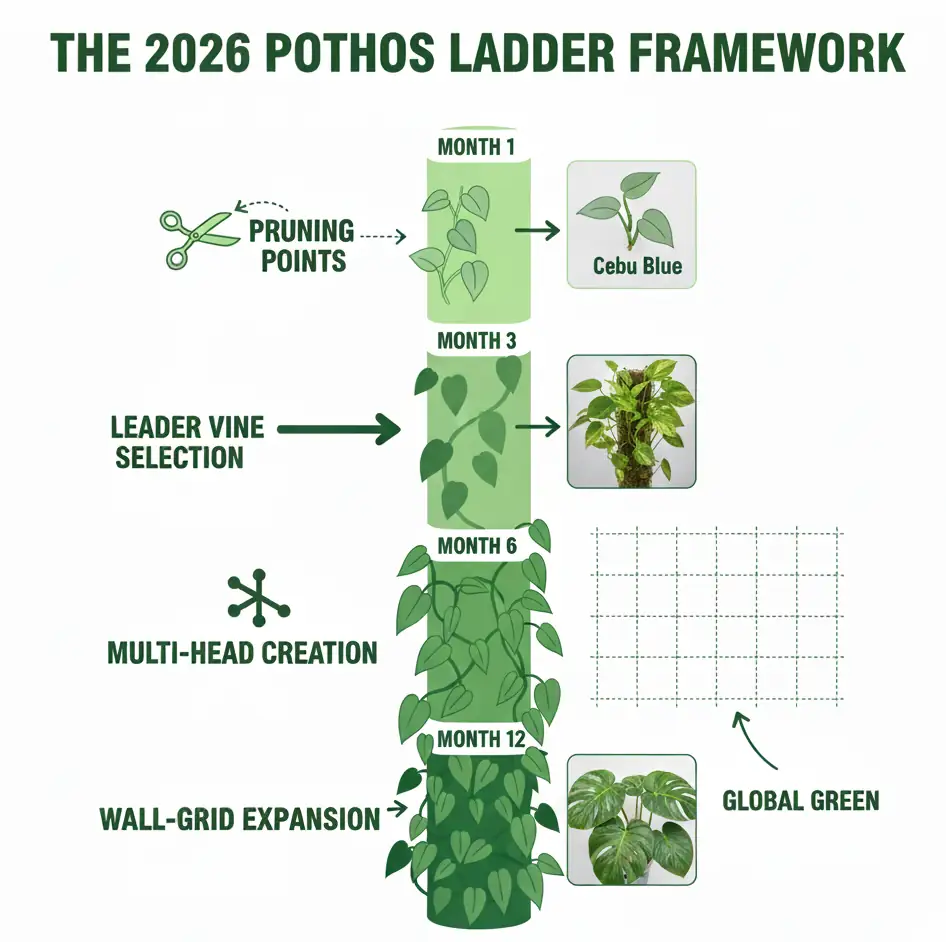 pothos ladder framework infographic for faster climbing and bigger leaves
