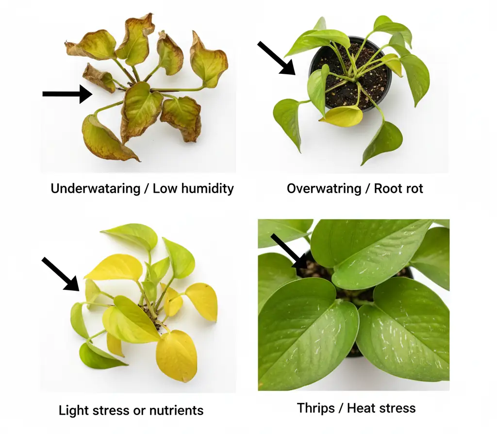pothos leaves curling diagnosis chart – upward vs downward curl causes
