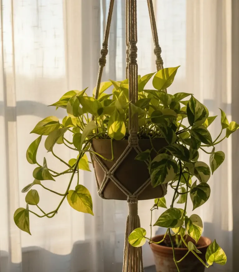 Pothos thriving in bright indirect light from east window – exact setup for fast growth and vivid variegation