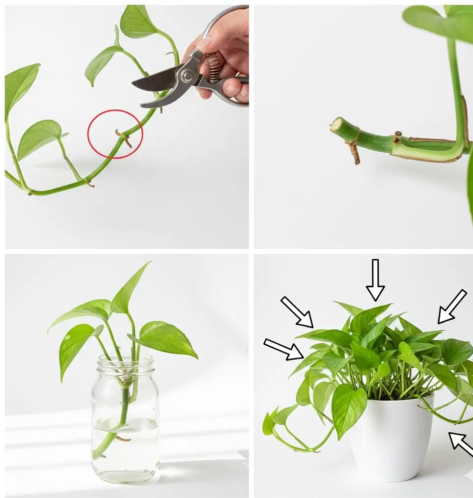 Correct pothos pruning technique: cut ¼ inch above the node to force bushy new growth