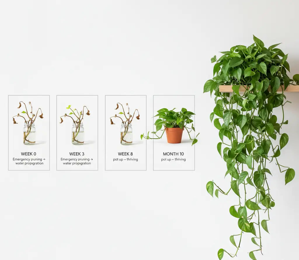 Pothos revival timeline from dead to 6-foot trailing plant in 10 months