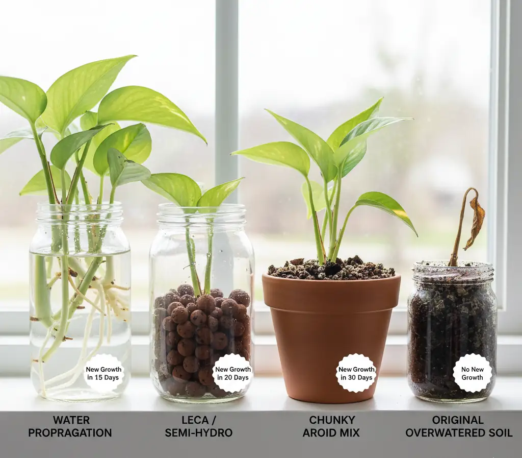 Best revival methods for dying pothos – water vs LECA vs soil comparison