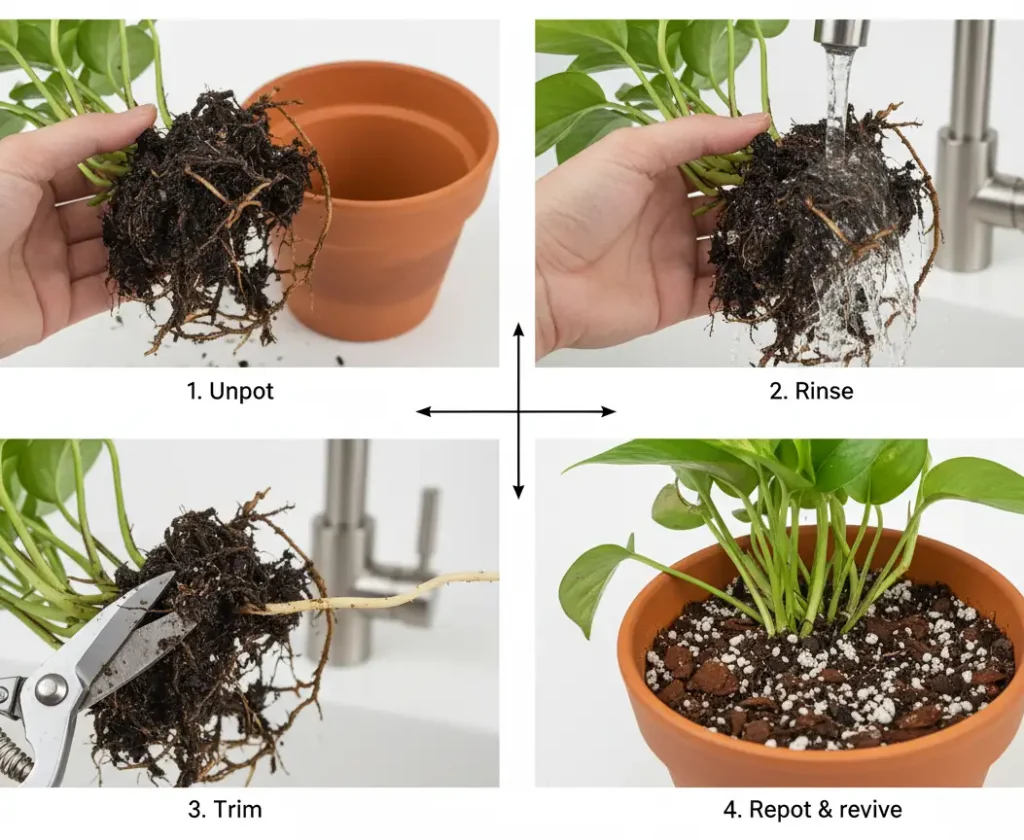 step by step pothos root rot rescue – how to trim black roots and repot fast