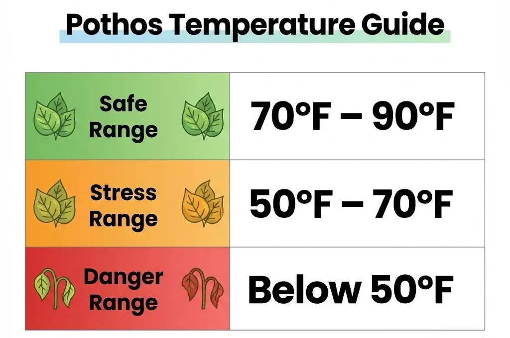 Pothos cold tolerance chart showing safe and dangerous temperature ranges for all varieties