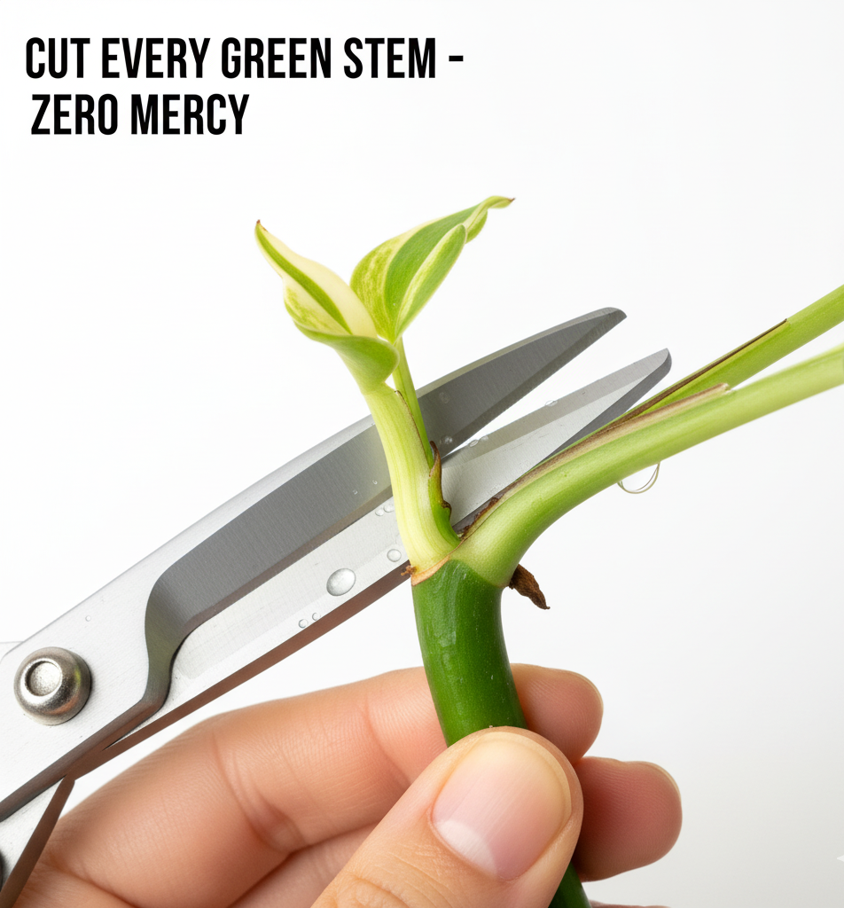 Pruning fully green reverted stems on Manjula pothos to force variegation