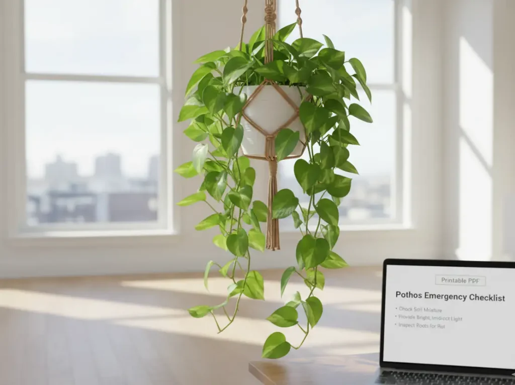 healthy revived golden pothos hanging plant after 48 hour drooping fix