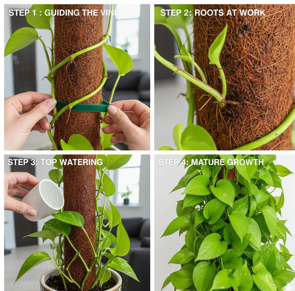 step by step how to train pothos to climb moss pole with velcro ties