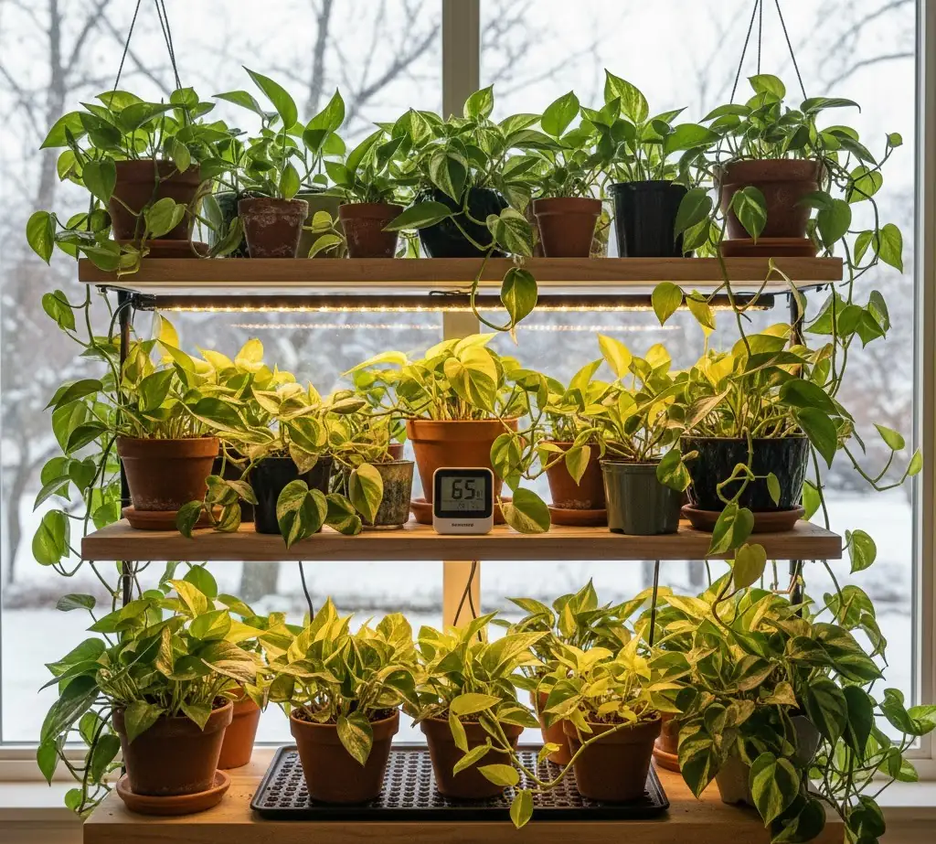 Real winter pothos collection setup with grow lights and heat mats to prevent cold damage