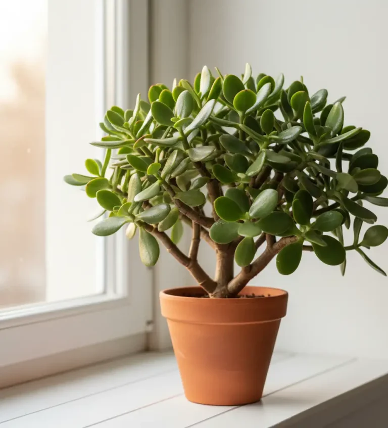 bushy jade plant with dozens of branches on sunny windowsill