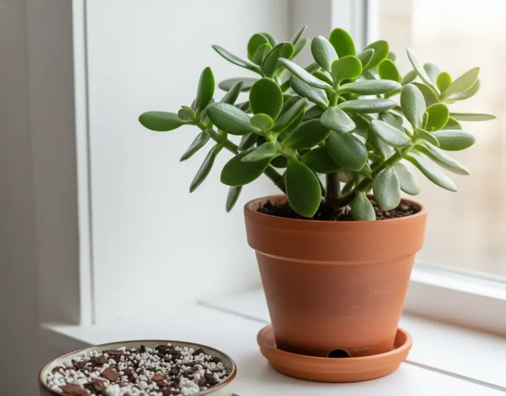 Healthy jade plant after yellow leaves fixed – growing in terracotta pot with perfect succulent soil mix