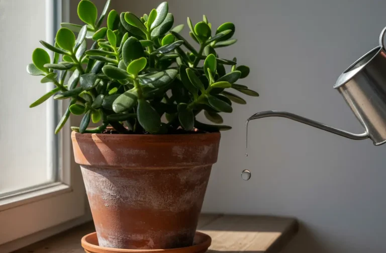 how to water jade plant correctly – healthy Crassula ovata in terracotta pot