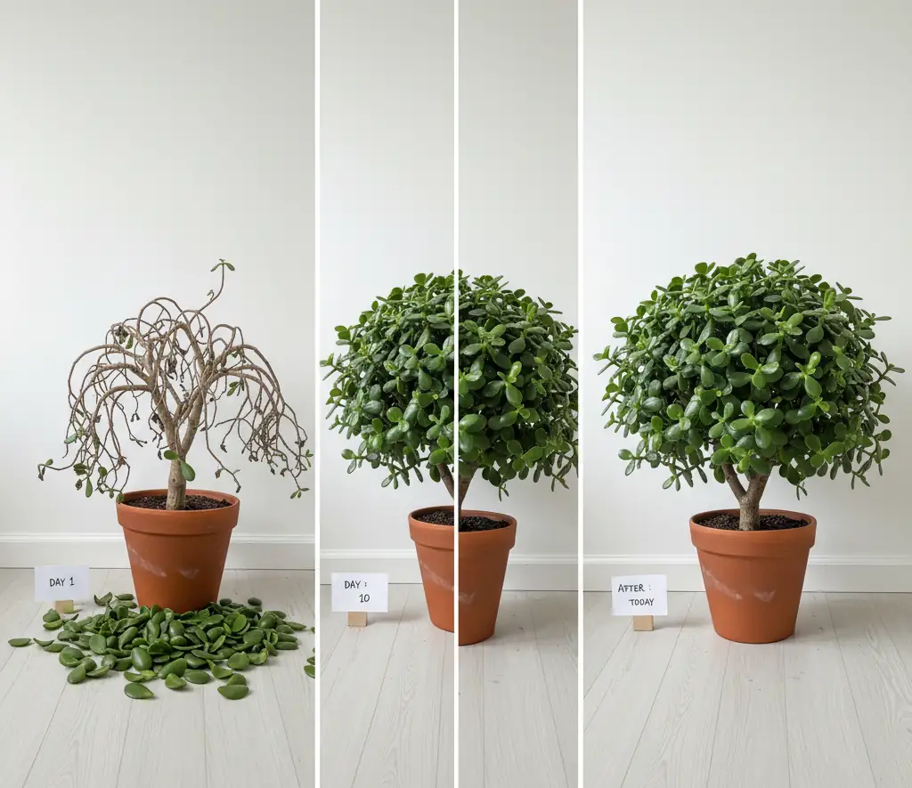 Jade plant 30 day recovery timeline from leaf drop to full and healthy