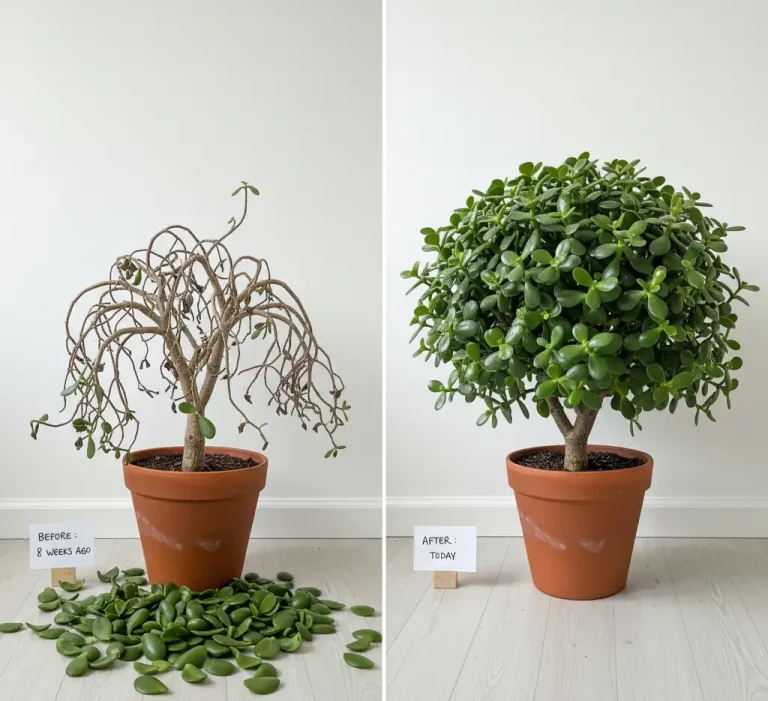 jade plant before and after leaf drop recovery transformation