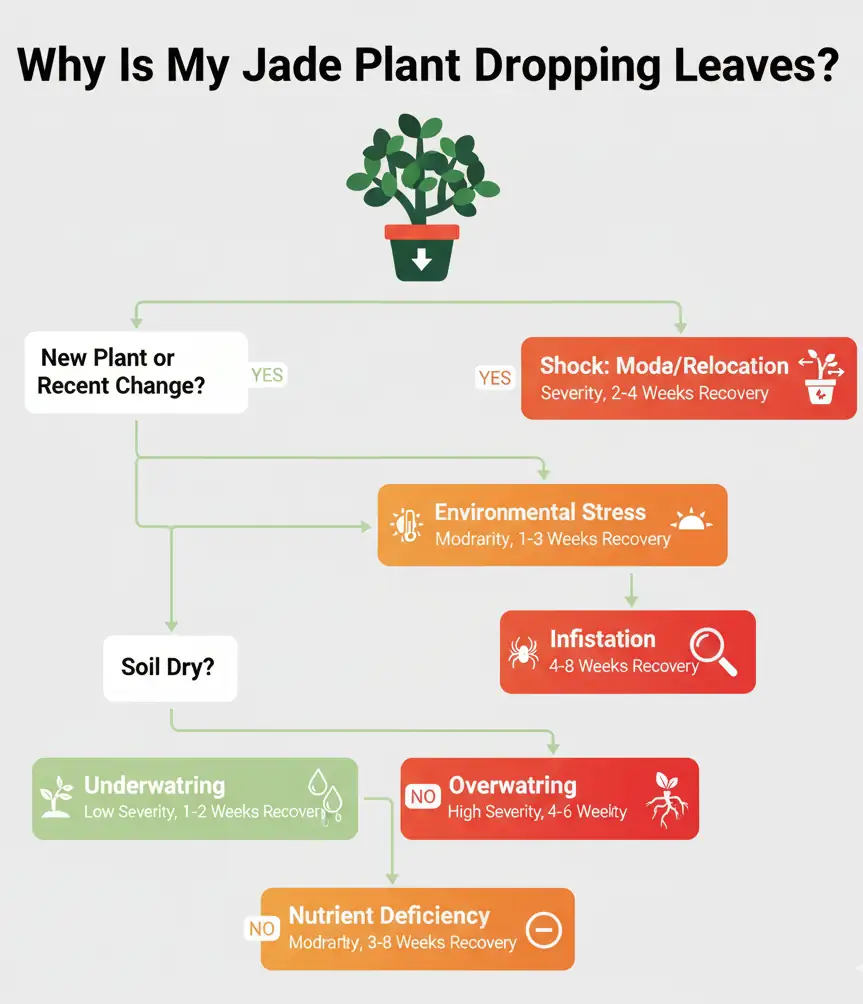 Jade plant leaf drop diagnosis flowchart causes and fixes