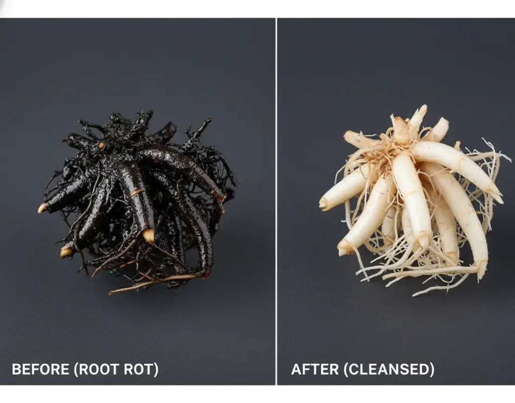 Jade plant root rot – black rotten roots vs healthy white roots after rescue treatment