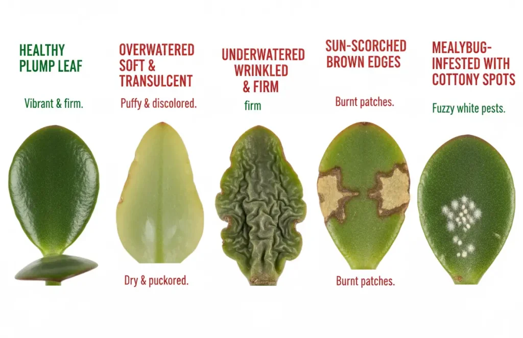 Jade plant leaves shriveling visual identification chart 2026