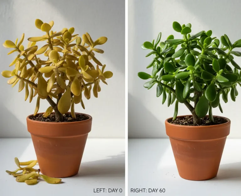 Jade plant( Crassula ovata) leaves turning yellow vs fully recovered after 60 days – before and after 2026