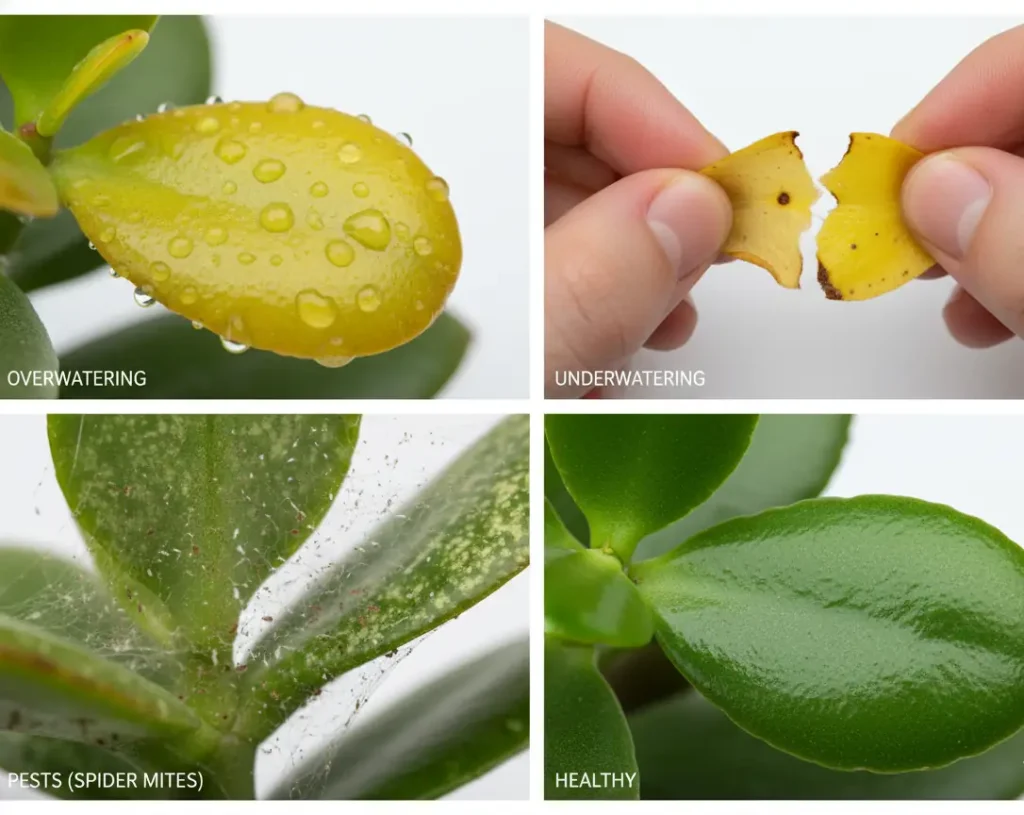 Jade plant yellow leaves symptoms: overwatering vs underwatering vs spider mites vs healthy
