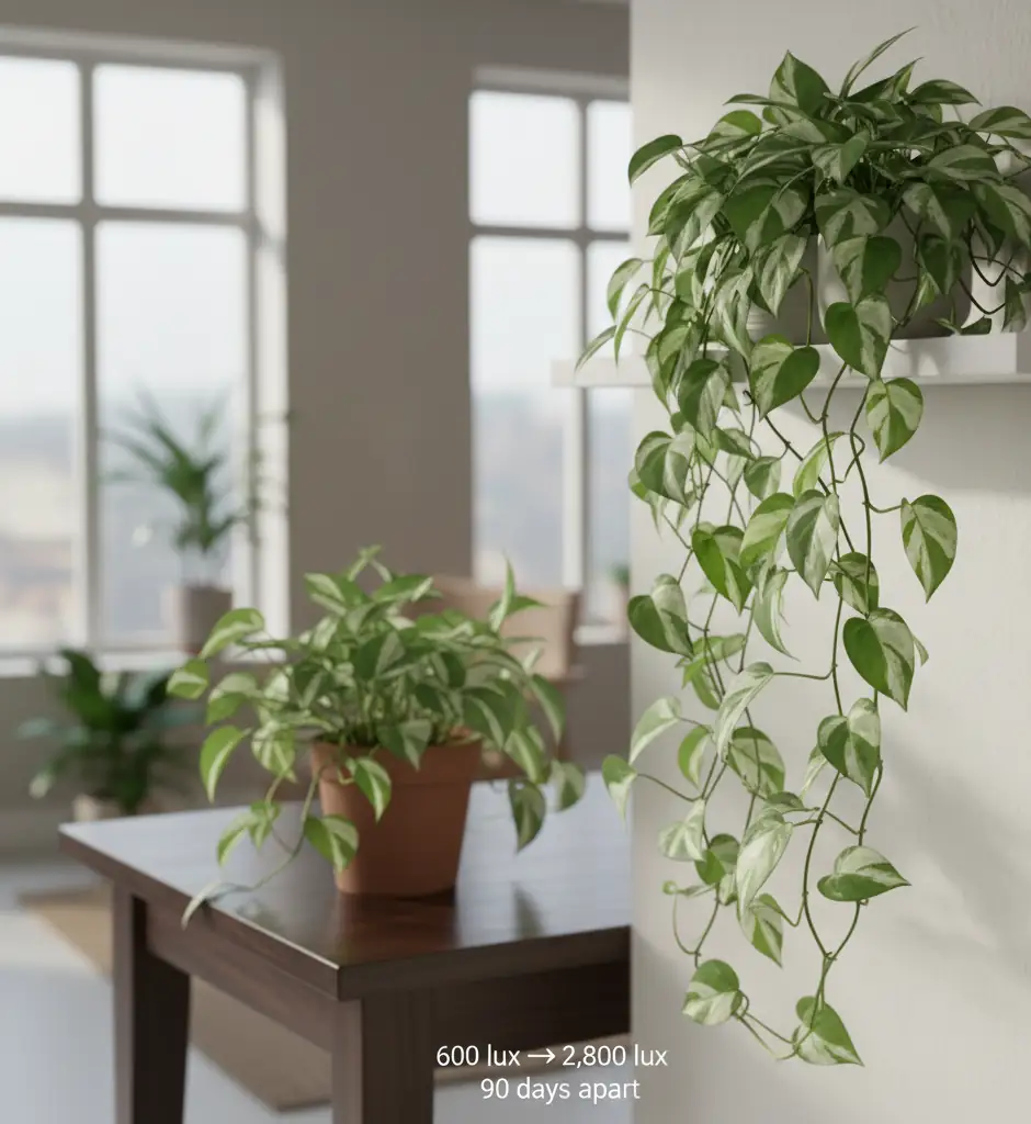 N’Joy pothos before and after correct light – reversion fixed in 90 days
