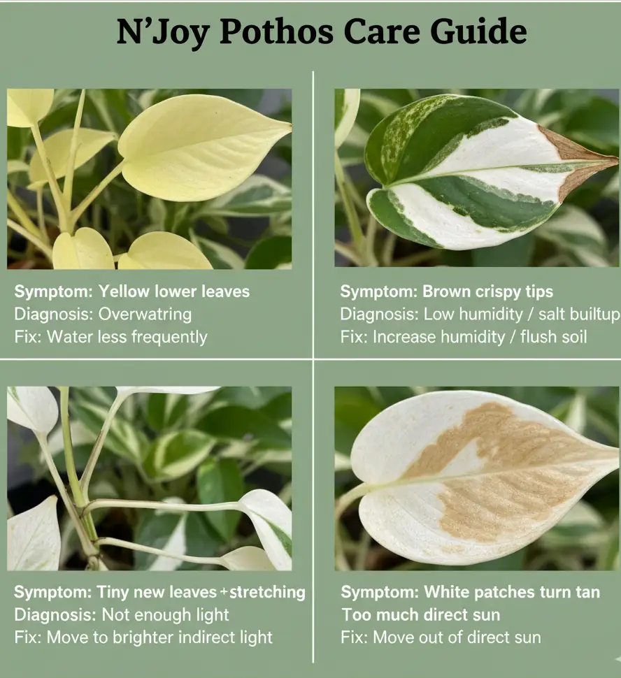 N’Joy pothos problems and solutions – yellow leaves, brown tips, reversion