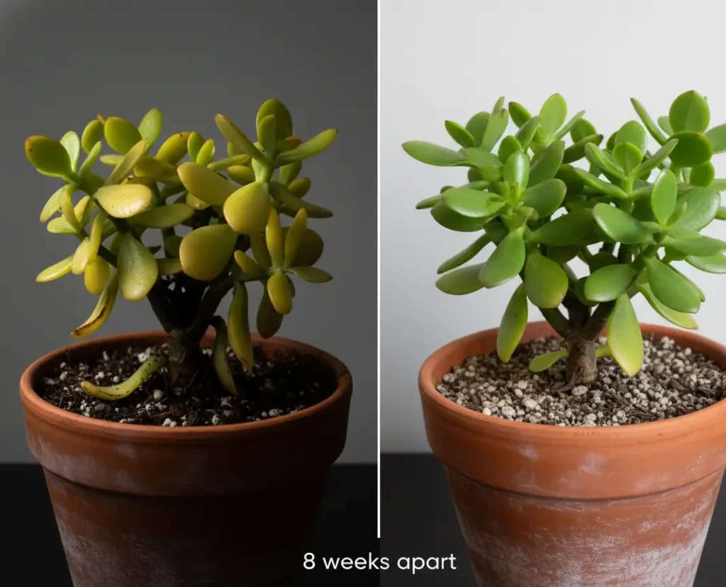 overwatered jade plant before and after rescue – yellow leaves to healthy recovery