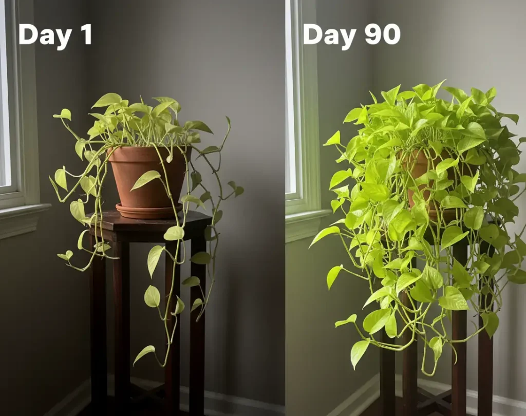 pothos before and after 90-day branching transformation neon variety