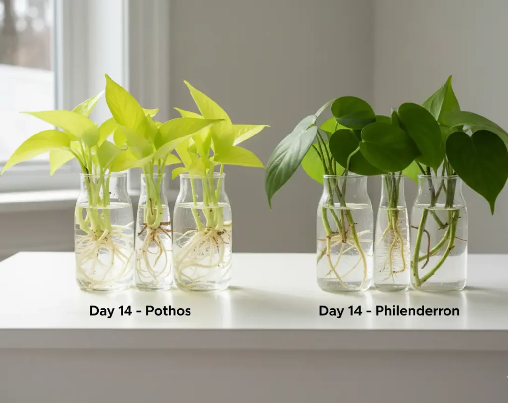 Pothos vs philodendron water propagation speed – 14-day root comparison