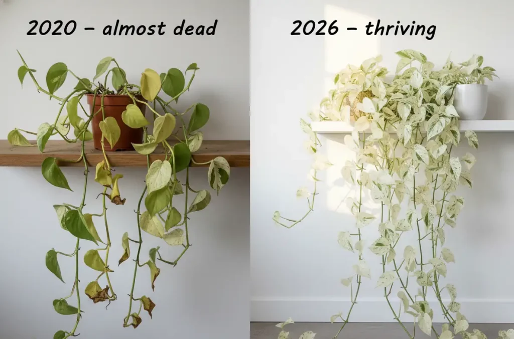 snow queen pothos before and after recovery from yellow leaves and reversion