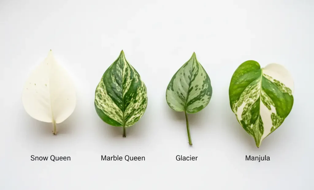 snow queen vs marble queen vs glacier vs manjula pothos leaf comparison real photos