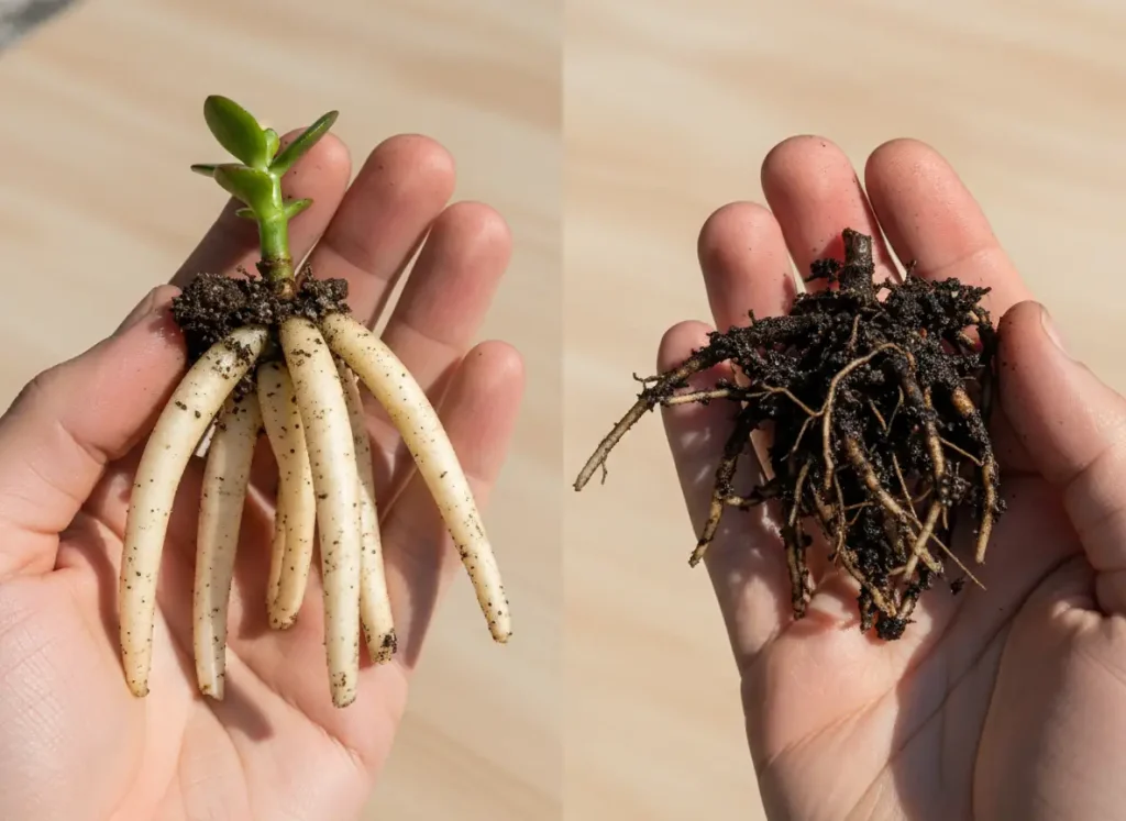 Healthy white jade roots vs black rotted roots comparison