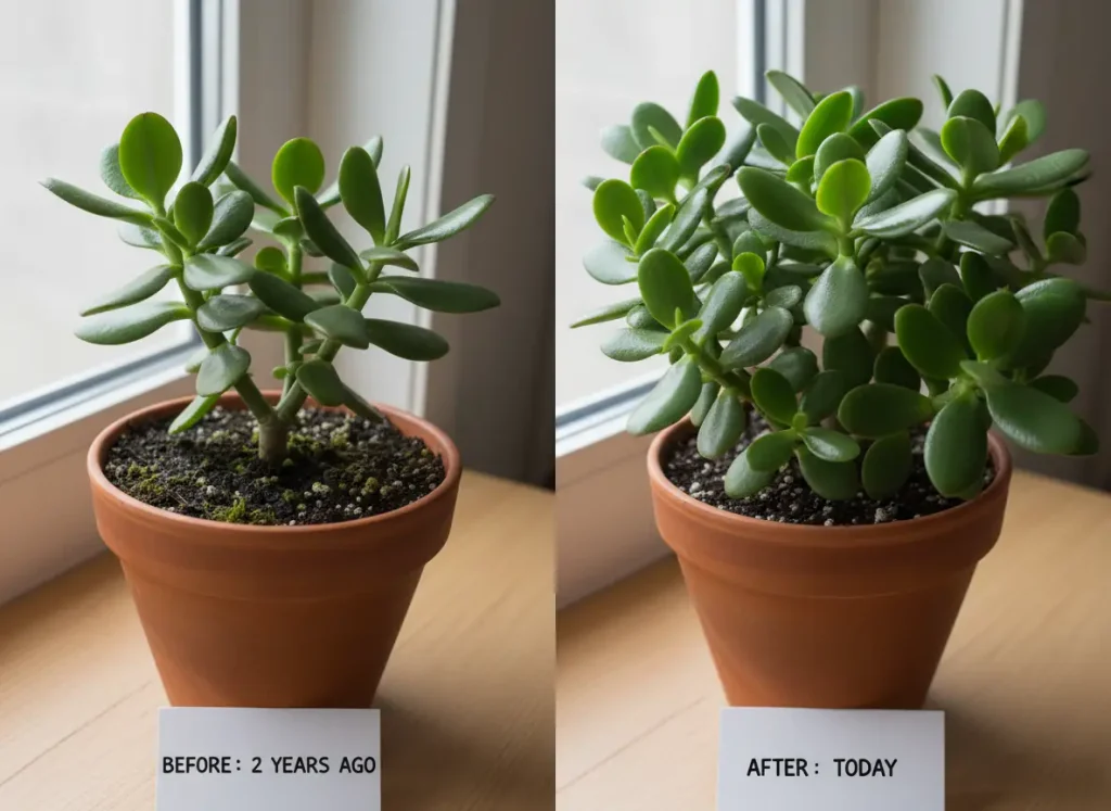 Jade plant before and after two years in correct vs incorrect soil transformation