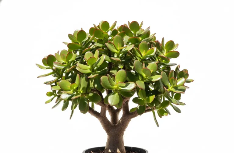 mature jade plant with thick trunk and glossy leaves red edges