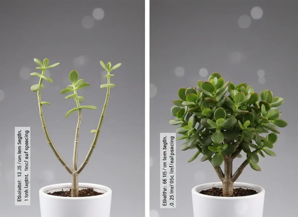 Jade plant etiolation comparison showing leggy low light growth vs compact high light growth