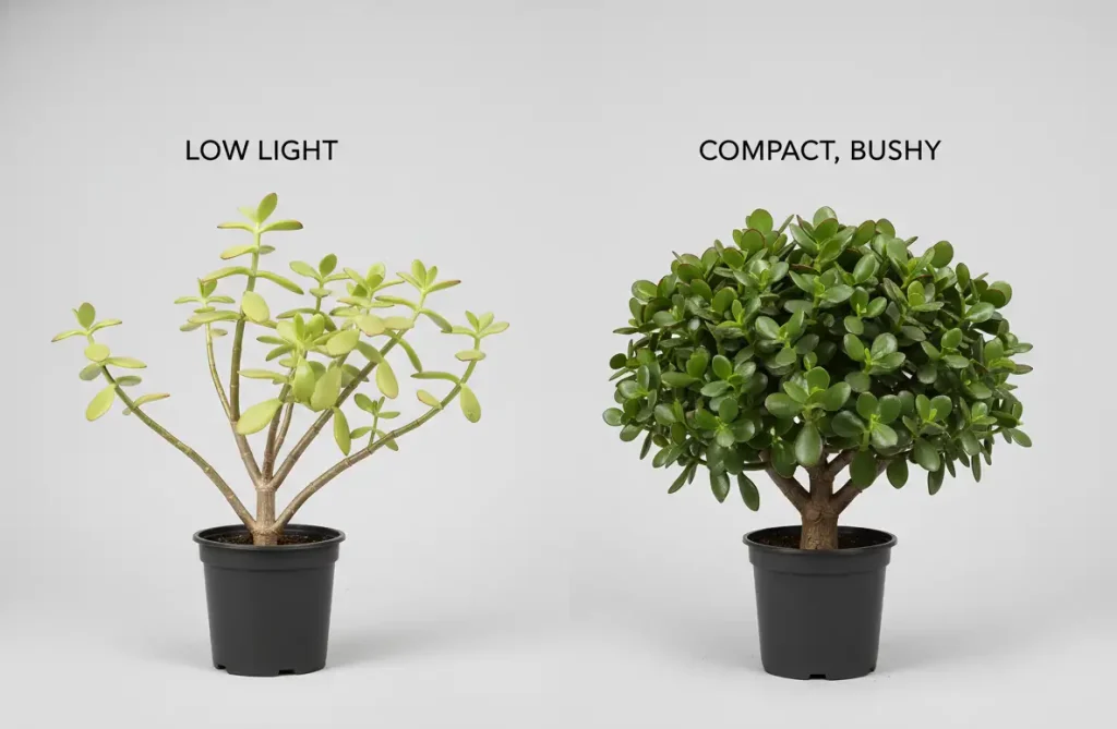 jade plant light comparison showing leggy vs compact growth