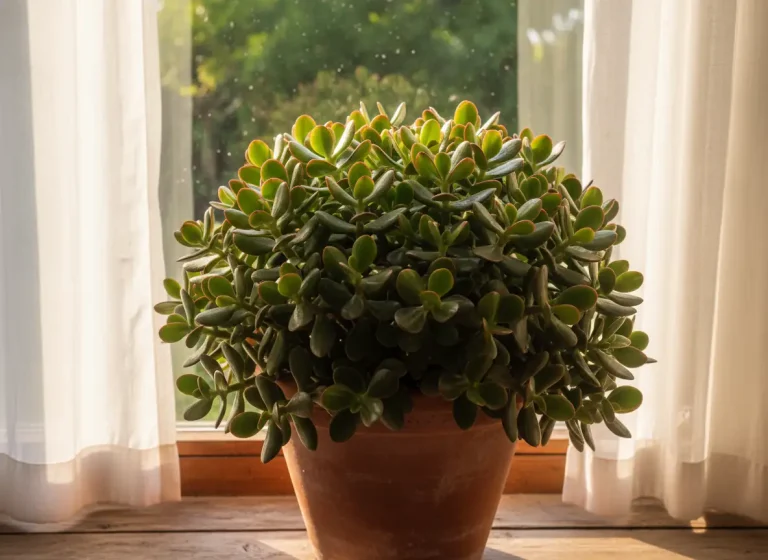 Mature jade plant thriving in perfect bright indirect light with ruby red leaf edges