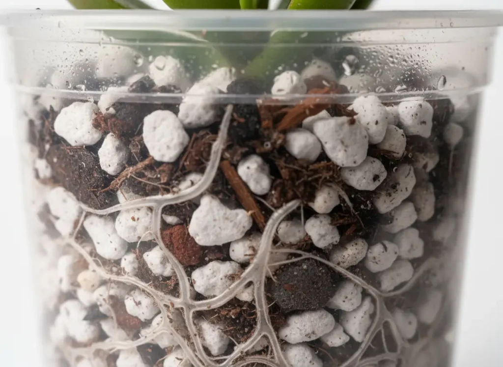 Healthy jade plant roots growing in airy chunky soil mix showing excellent drainage