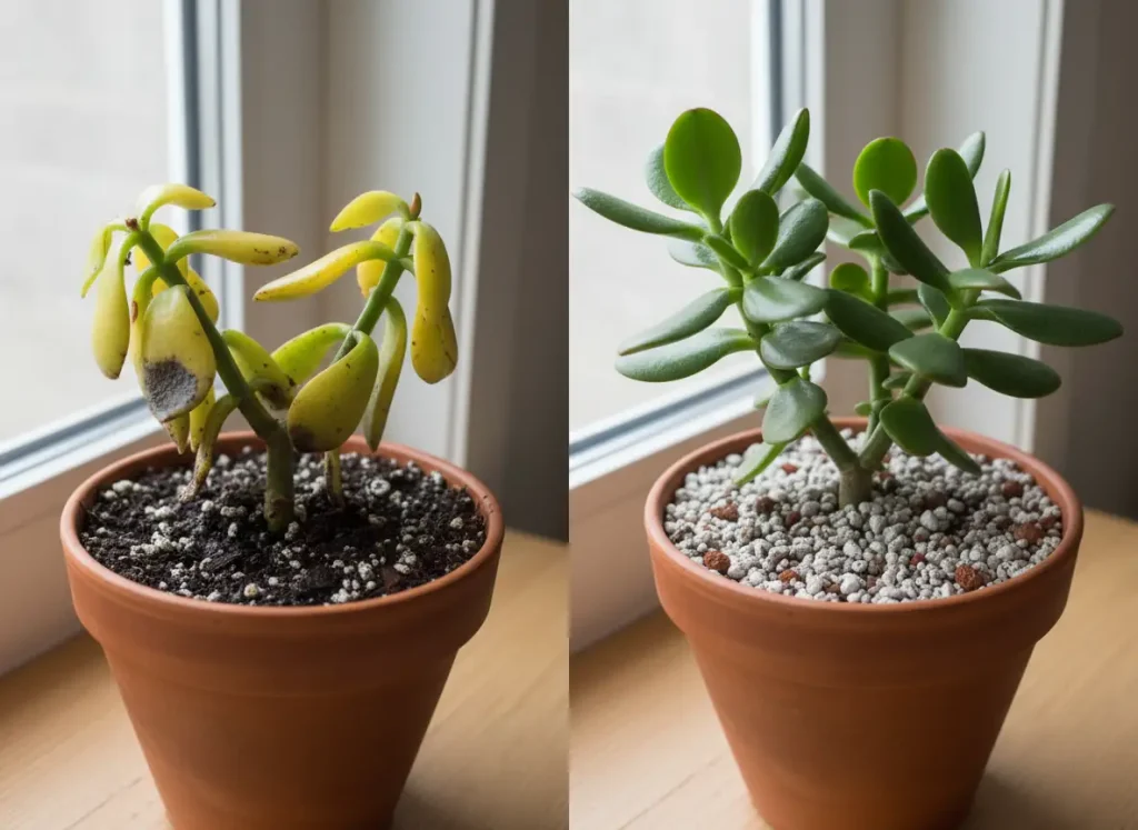Jade plant soil comparison - dying in peat mix vs thriving in proper drainage