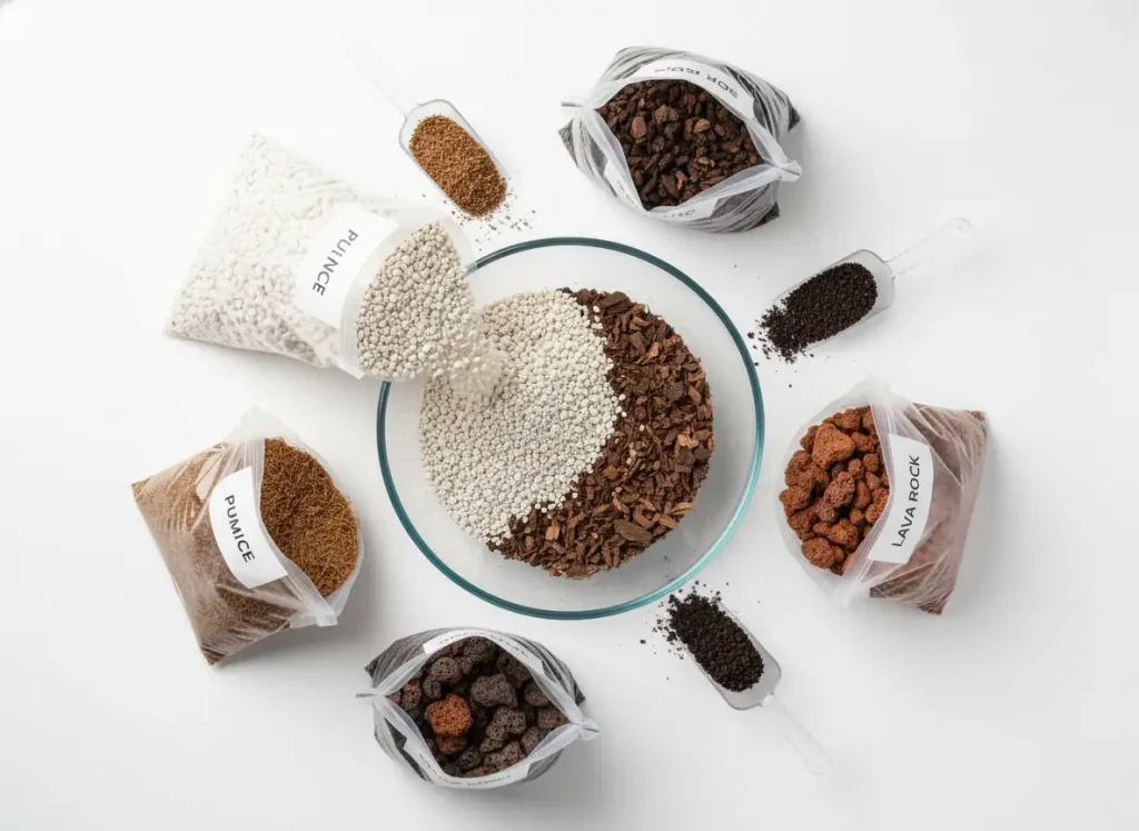 Exact jade plant soil recipe ingredients with measuring ratios flat lay