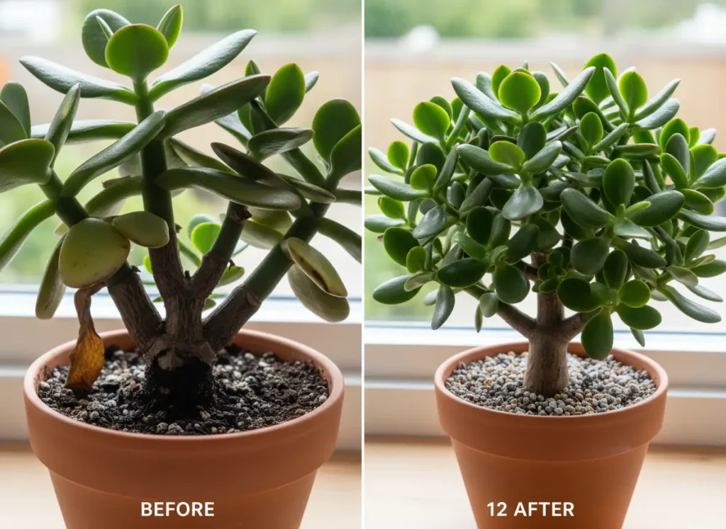Jade plant stem rot rescue before and after one year recovery