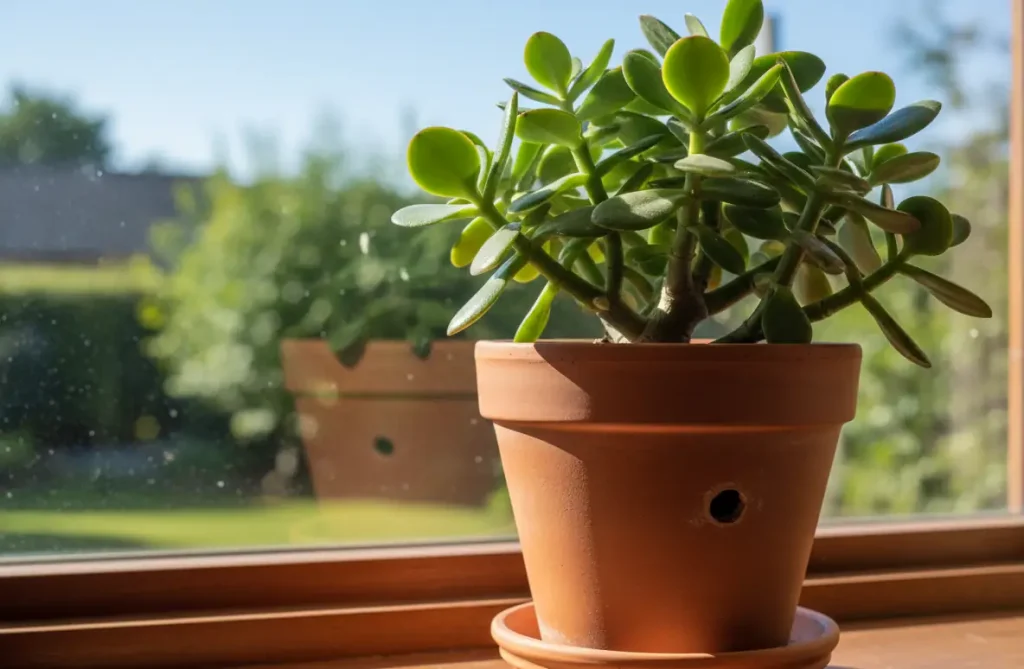 healthy jade plant in terracotta pot with drainage on sunny windowsill