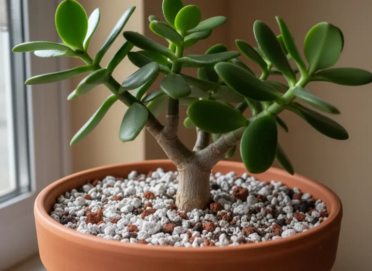 Mature jade plant thriving in perfect gritty soil mix with pumice and lava rock
