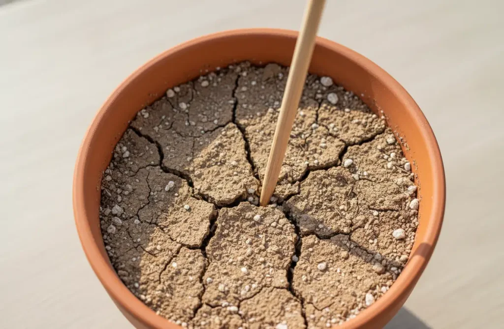 checking jade plant soil moisture with wooden chopstick method